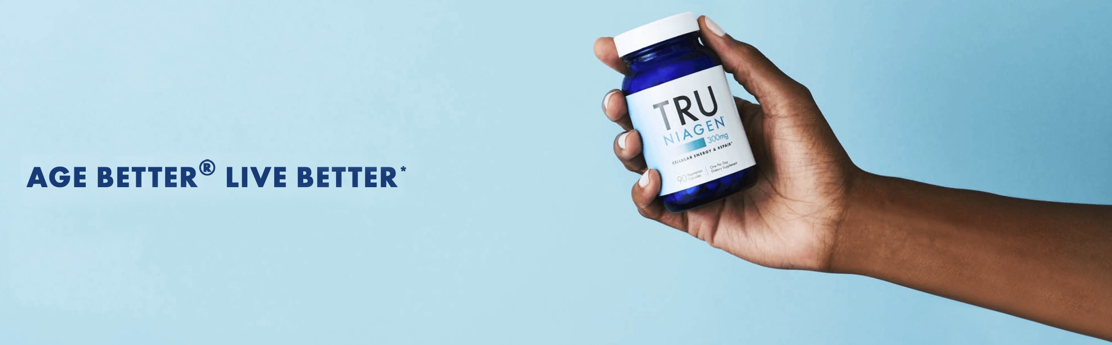 hand holding bottle of nutraceutical supplement with logo "age better live better"