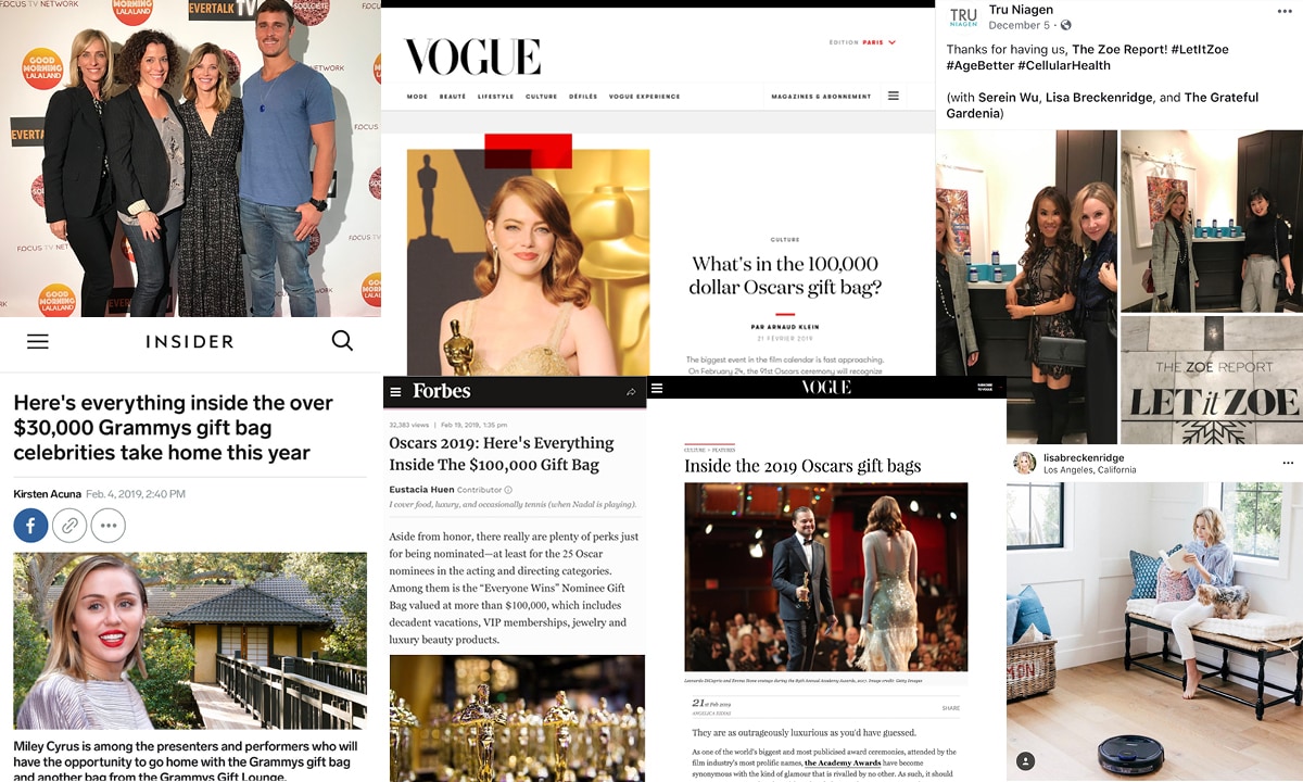 Collage of magazine articles about/photos of contents of celebrity gift bags
