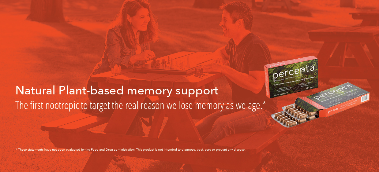 Display of Percept product overlaid on a 2 people playing chess Percepta product box with description overlaid on an image of a happy man and woman playing chess