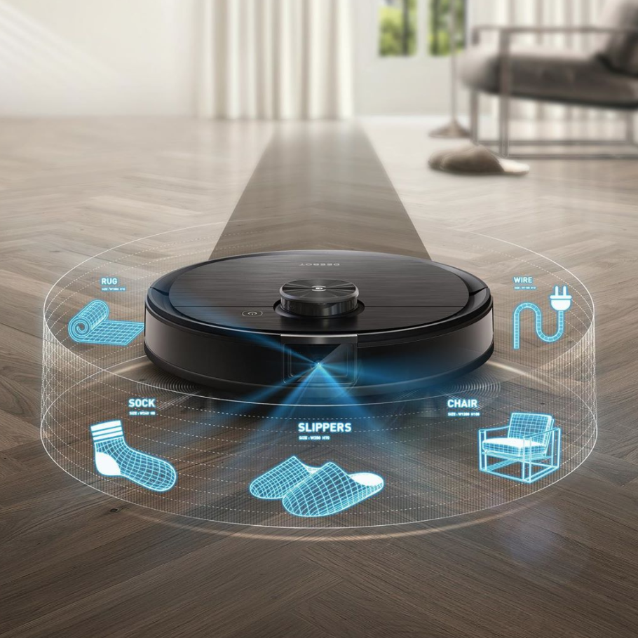 Robot vacuum showing its features Robot vacuum with holographs of its features